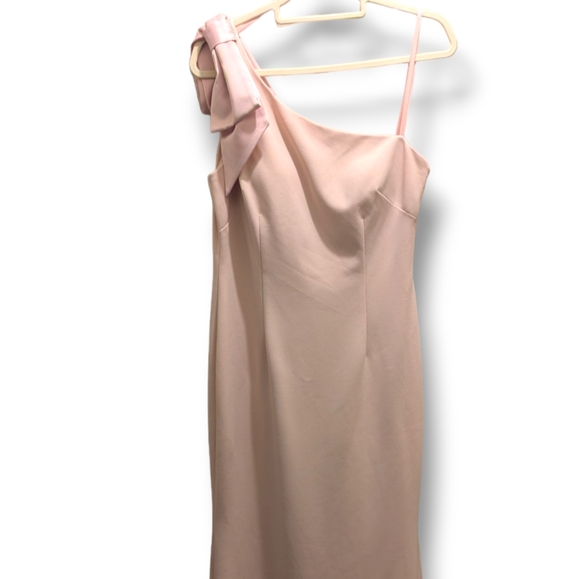Eliza J One-Shoulder Satin Bow A-Line Blush Pink Evening Dress Maxi Gown- 12 - Picture 5 of 16